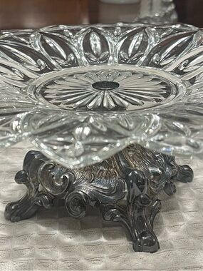 Clear Glass Pedestal Dessert Stand with Ornate Silver Base